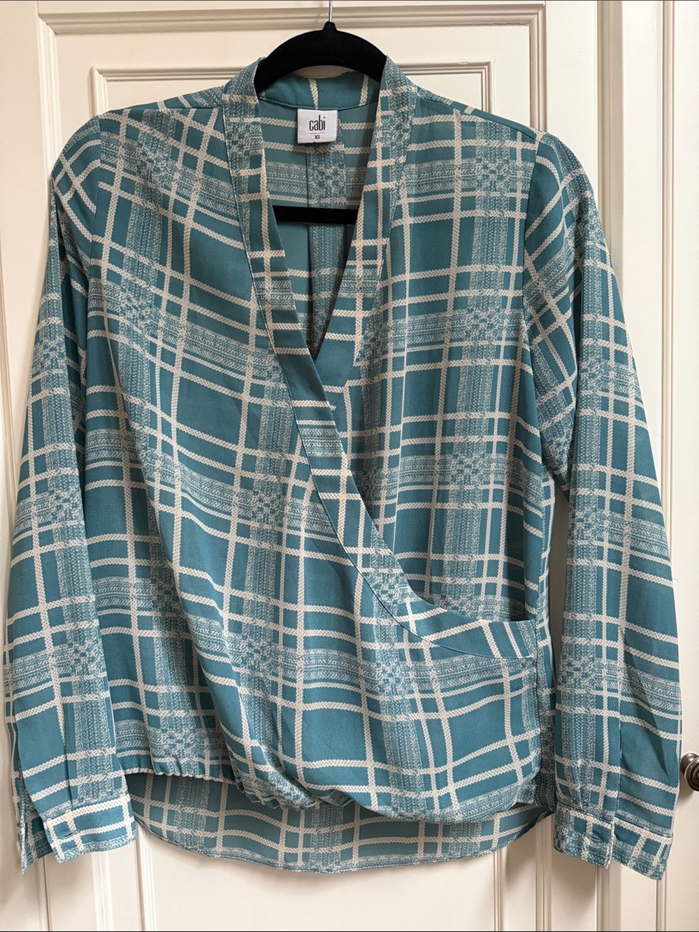 CAbi Teal and White Plaid Wrap-Style Blouse